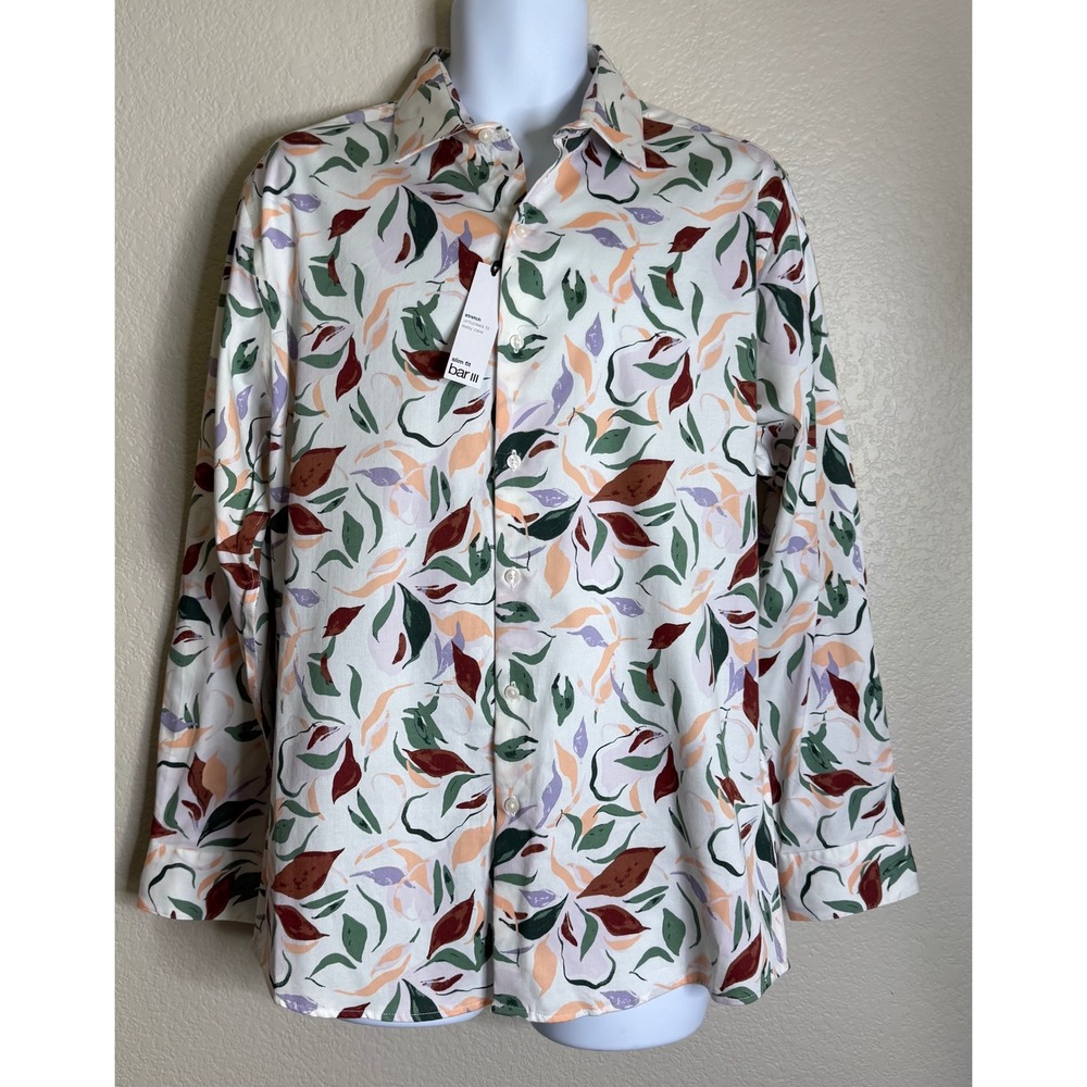 Bar III Mens L Button Down Shirt White Abstract Leaf Print Slim Fit Stretch NEW